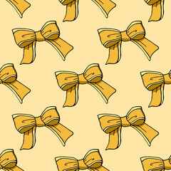 Seamless pattern with hand drawn yellow bows. Bow tie on yellow background