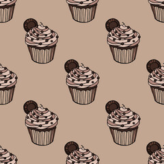 Seamless pattern with hand drawn brown chocolate cupcakes