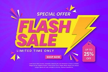 Flash sale banner template design. Abstract sales banner. 25% discount promotion banner design. 3d vector illustration