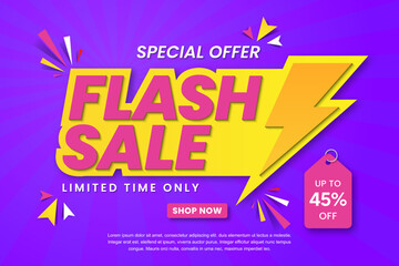Flash sale banner template design. Abstract sales banner. 45% discount promotion banner design. 3d vector illustration