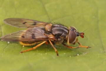 Closeup of a common copperback hoverfly , Ferdinandea cuprea, sitting on a green leaf