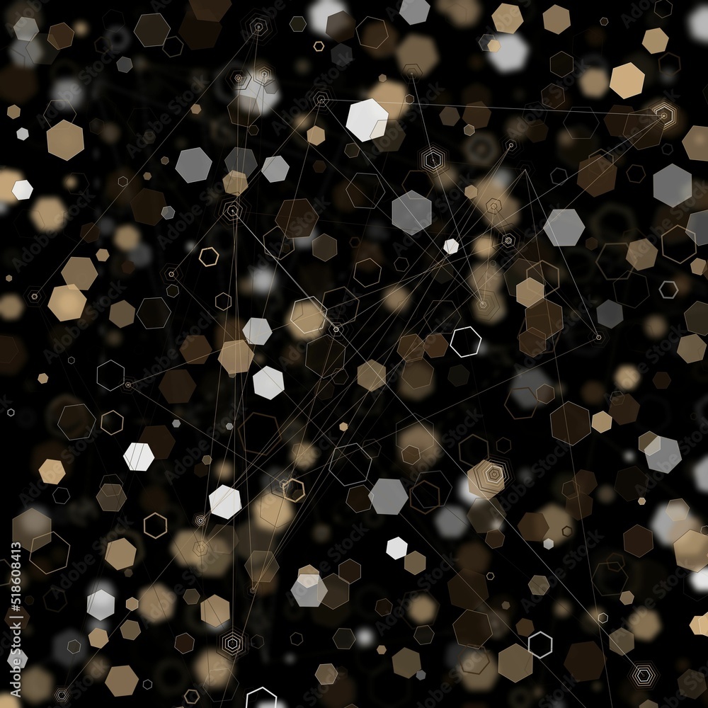 Poster illustration of an abstract light dots and blurred hexagon backdrop like bokeh spot hex shapes