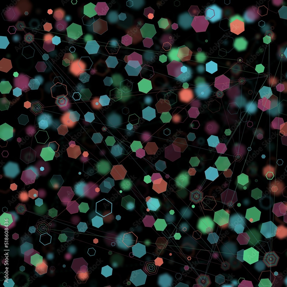 Poster illustration of an abstract light dots and blurred hexagon backdrop like bokeh spot hex shapes