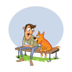 A man talks to a cat sitting on a bench
