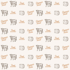 Hand Drawn Cheese, Cow and Typography Lettering Vector Seamless Background Pattern. Dairy Farm Products Sketches Card, Wrapping or Cover Template