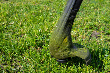 close up shot of gasoline trimmer head with nylon line cutting fresh green grass to small pieces. High quality photo