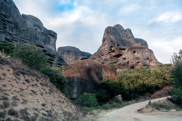 Natural caves for monks in the rock formations of Meteora, Greece