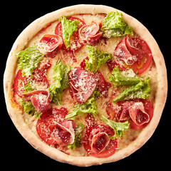 Pizza with prosciutto, lettuce salad and parmesan.
