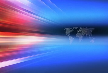 3D render of dotted world map emitting red and blue light for world news title background - obrazy, fototapety, plakaty