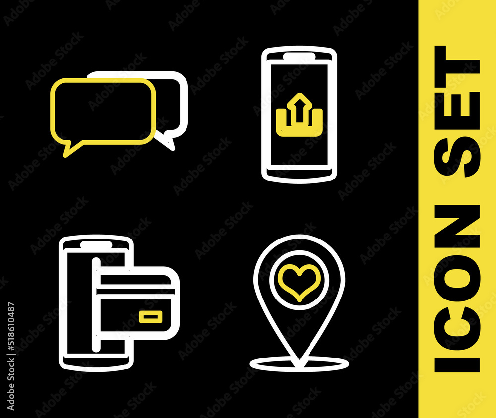 Poster set line smartphone with upload, map pointer heart, nfc payment and chat icon. vector