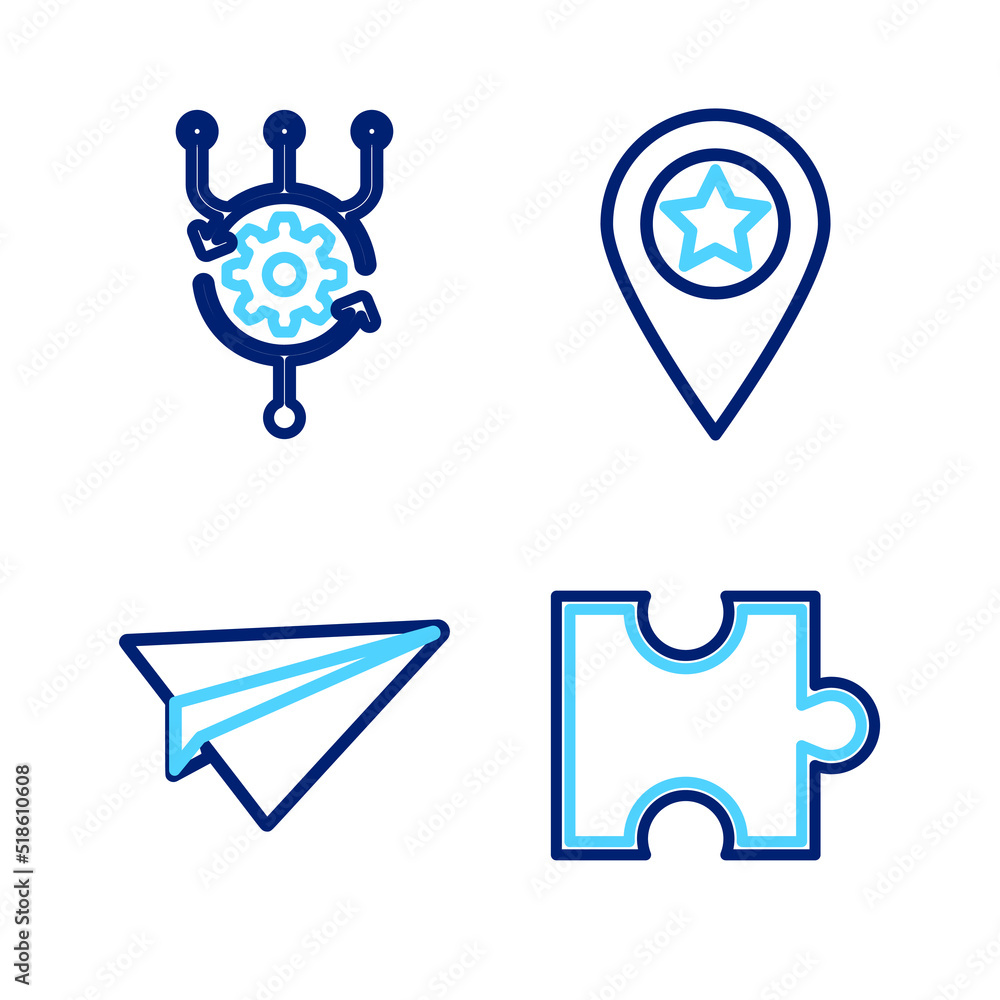 Poster set line piece of puzzle, paper plane, location with star and algorithm icon. vector