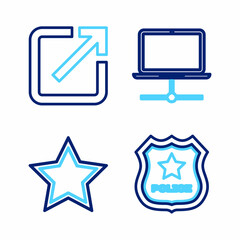 Set line Police badge, Star, Computer network and Open in new window icon. Vector