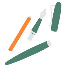 Parts of dip pen tool for calligraphy. Nib, ink reservoir, cap of calligraphic accessory. Disassembled stationery supplies for hand writing. Flat illustration isolated on white background