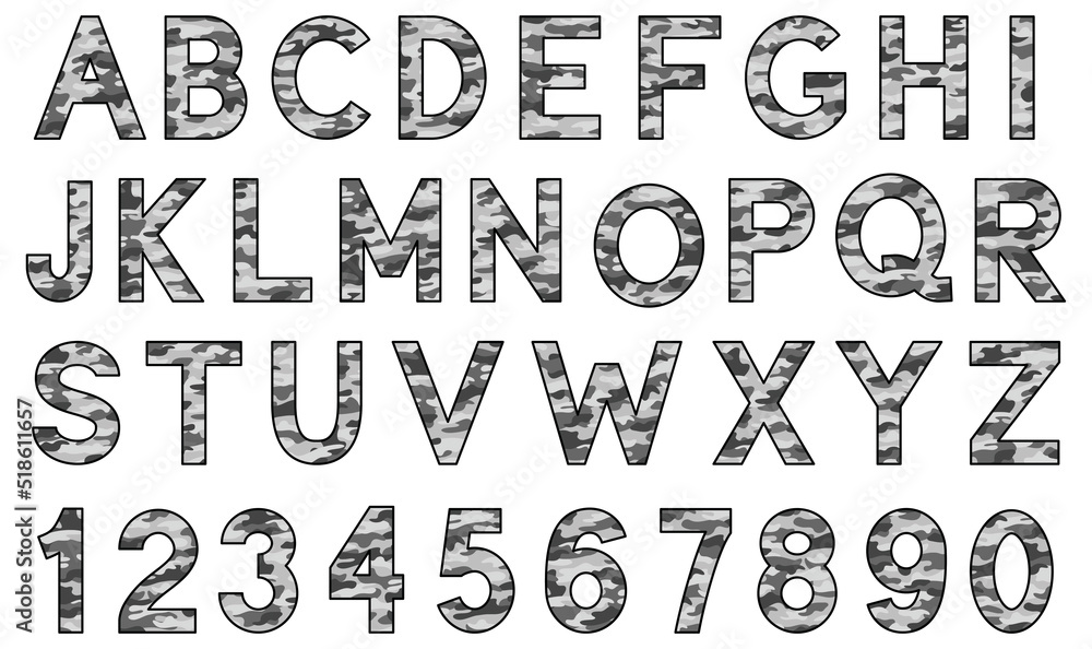 Fototapete grey camouflage patterned alphabet letters and numbers graphic set