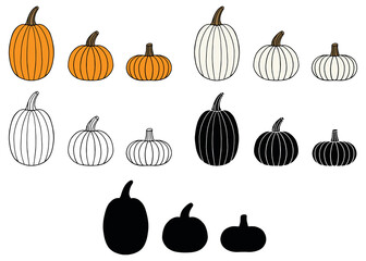 Orange and White Pumpkin Clipart Set - Outline, Silhouette and Color