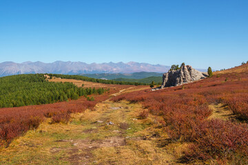 Fototapeta premium Dirt road through the sunny autumn mountain plateau. Rough dirt