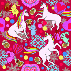 Christmas Unicorns and Rabbits Fantasy Pattern, Chinese New Year 2023 Zodiac sign on Children's Seamless Funny Background, Holiday Wallpaper for Babies and little Kids