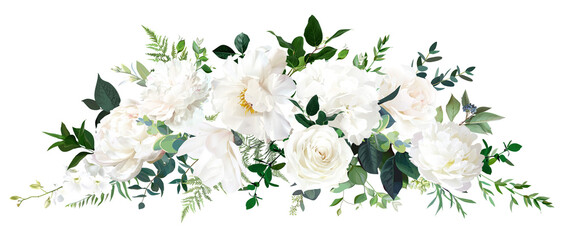 Classic white peony, hydrangea, magnolia and rose flowers, eucalyptus, fern, salal, greenery