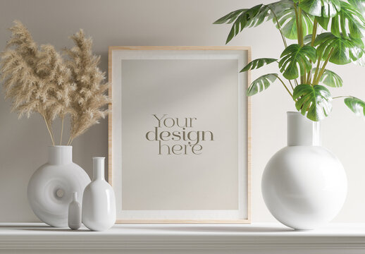 Horizontal Wooden Frame with Plants and on White Self