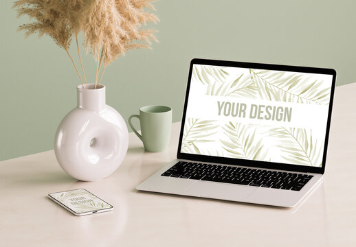 Green Office with Laptop and Phone