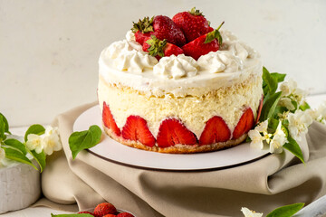 Festive cake with fresh strawberries and cream, light background with flowers and fabric.