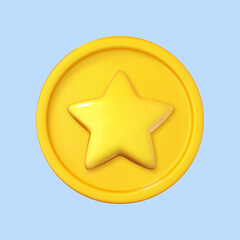 3D star icon in cartoon style. Vector 3d yellow round button. Interface element.