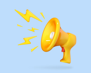 3D cartoon megaphone with lightning. Marketing time concept. Vector 3d illustration