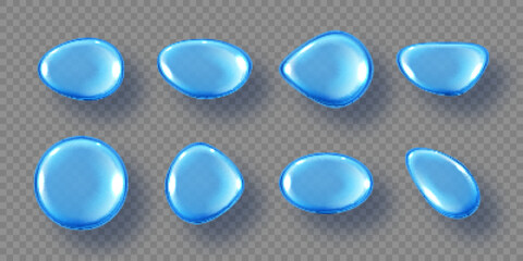 Collagen droplets isolated on transparent background. Realistic vector blue drops