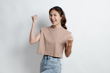 Beautiful Asian woman gesturing for advertisement editing on isolated background, portrait concept used for advertisement and signage, isolated over white background, copy space.