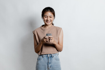 Beautiful Asian woman gesturing for advertisement editing on isolated background, portrait concept used for advertisement and signage, isolated over white background, copy space.