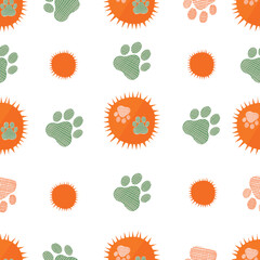 Sun with paw prints seamless fabric design pattern