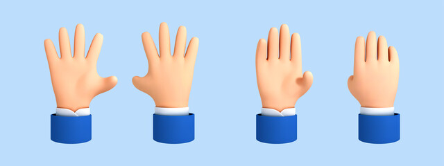 Vector cartoon open palm, hello gesture. Five fingers, hello palm isolated on blue background. 3D cartoon hand goodwill gesture.