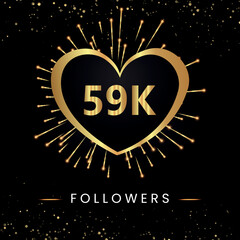 Thank you 59k or 59 thousand followers with gold heart, fireworks and golden bokeh isolated on black background. Premium design for poster, social media story, social sites posts, banner.