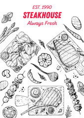 Grilled meat frame. Steak House menu. Hand drawing collection. Bbq grill food sketch. Menu design elements. Vector illustration. Engraved design. Hand drawn illustration.