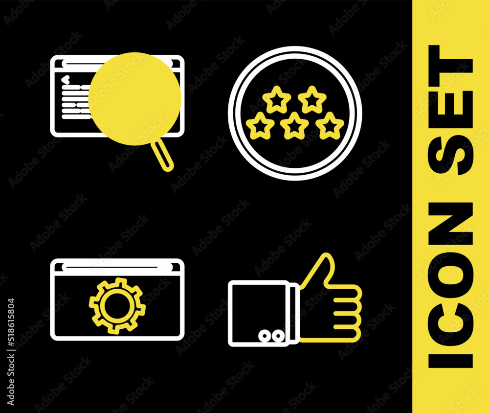 Poster set line five stars rating review, hand thumb up, setting and system bug concept icon. vector