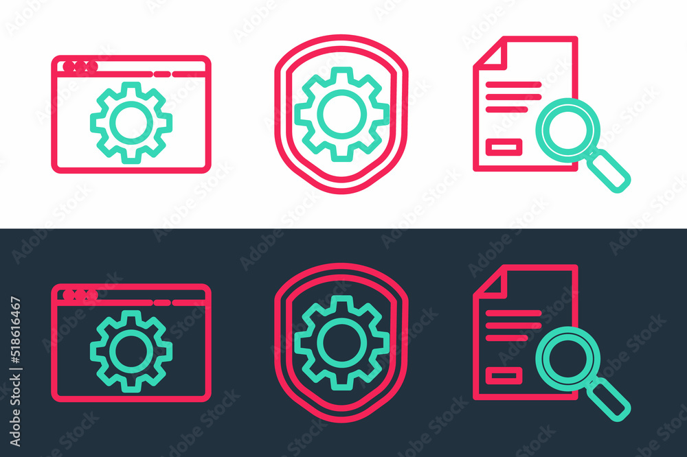 Poster set line document with search, browser setting and shield settings gear icon. vector
