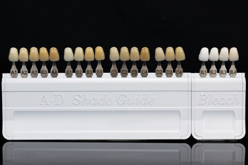 complete dental palette with teeth and various color shades and wordings on a black background