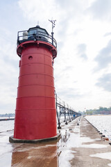 South Haven Pier Lighthouse, elevated walkway and breakwater, South Haven, Michigan