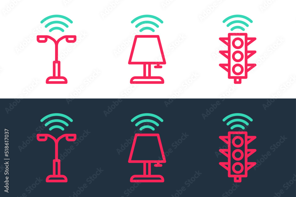 Poster set line smart traffic light, street and table lamp icon. vector