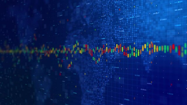 Digital 3d financial chart animation showing the growing value of the global stock market. Stock chart animation over digital world map