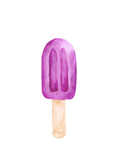 Bright popsicle on a stick, isolated on a white background. Watercolor drawing for the design and decoration of postcards and posters on food and desserts.