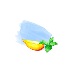 Slices of juicy mango and fresh mint with space for text on a blue watercolor background. Hand-drawn drawing for postcards, menus, printing and office.