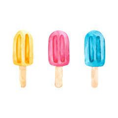 Collection of fruit ice cream on a stick, on a white background. Watercolor drawing for decorating postcards, menus and posters about food and desserts.