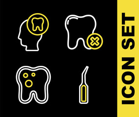Set line Tooth with caries, Dental explorer scaler, and Human head tooth icon. Vector