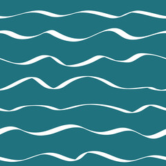 Sea waves vector seamless pattern, hand drawn dark blue background and white waves,