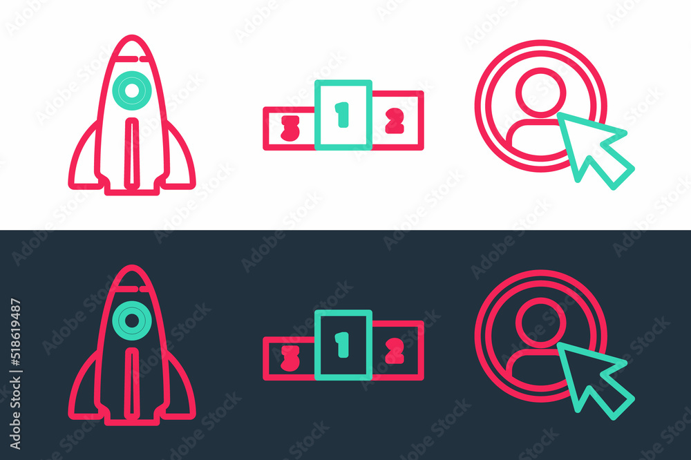 Poster set line create account screen, startup project concept and business podium icon. vector