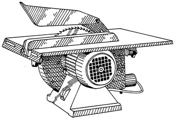 Black and white illustration of a table saw in line technique