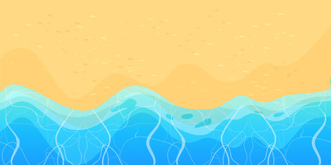 Summer beach with sand and waves top view in cartoon style, background. Tropical coast line, landscape, scenery. © Alyona