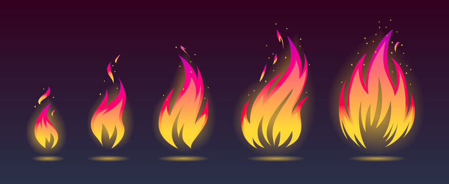 Vector illustration set of growing fire flames icons on dark background. Flame in different shapes, vector.