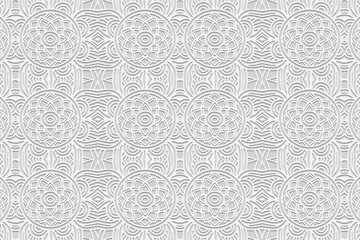 Embossed white background, ethnic cover design. Geometric floral 3D pattern, arabesques. Tribal topical ornaments of the East, Asia, India, Mexico, Aztecs, Peru.